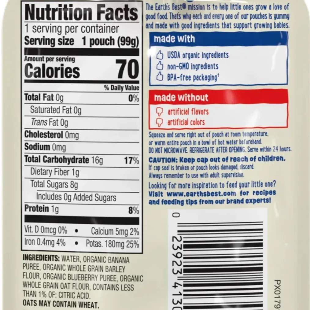 Earth's Best Organic Stage 2 Baby Food, Banana Blueberry Oat Fruit Grain Puree, 3.5 oz